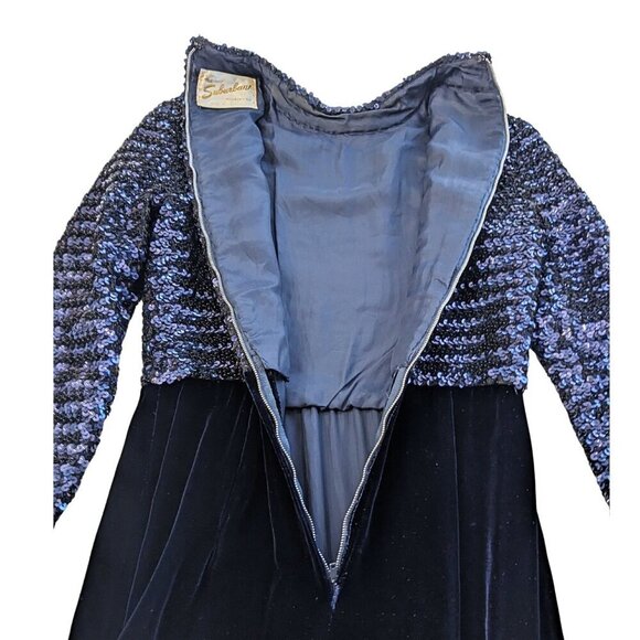 Vintage 60s Country Miss THE SUBURBAN Blue Sequin Velvet Blocked Evening Dress S - Picture 7 of 11